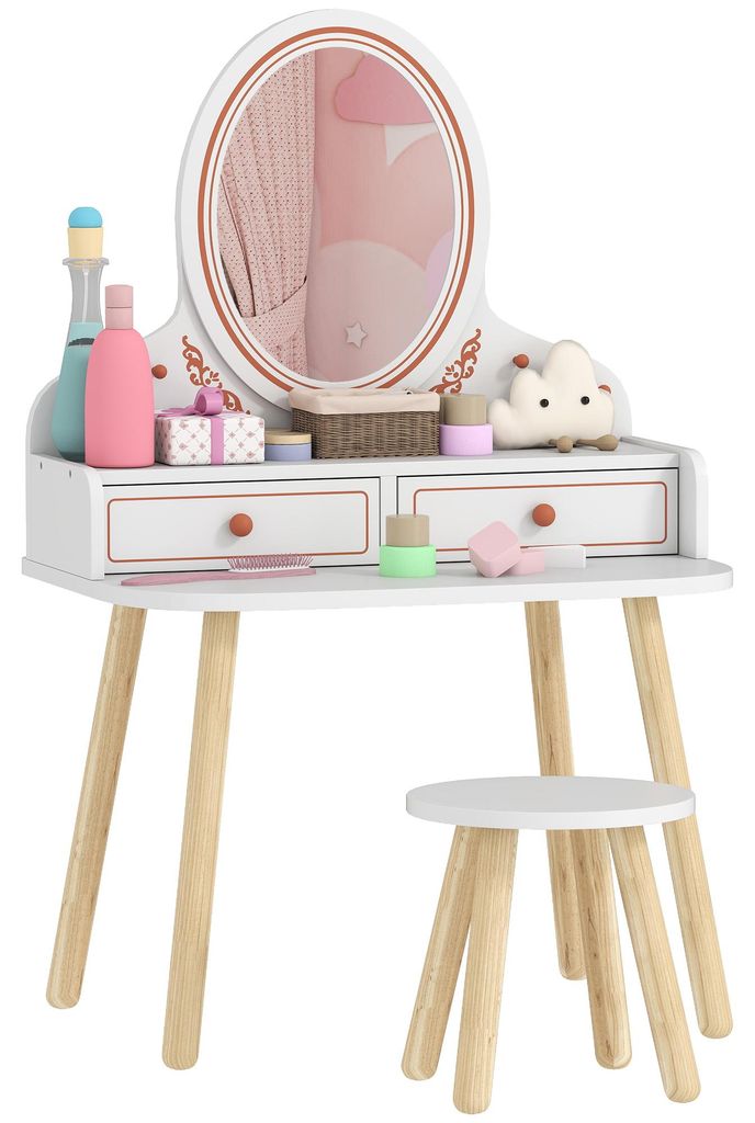 AIYAPLAY Kinder Schminktisch Set Frisiertisch mit Hocker Spiegel Schubladen