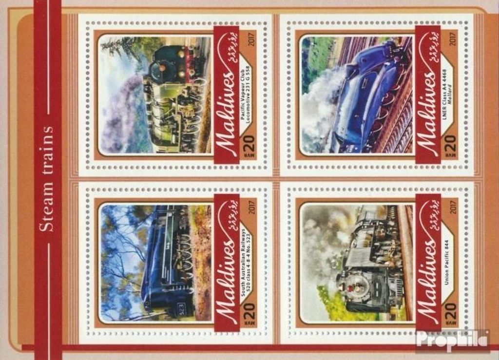 Briefmarken Malediven 2017 Mi 6838-6841 Kleinbogen (kompl. Ausg.) postfrisch Dampflokomotiven
