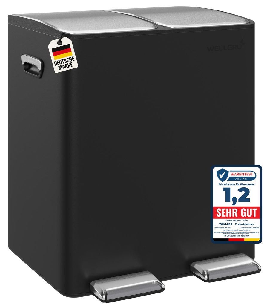 WELLGRO Treteimer 2x15L Schwarz – Edelstahl mit Softclose & Pedal