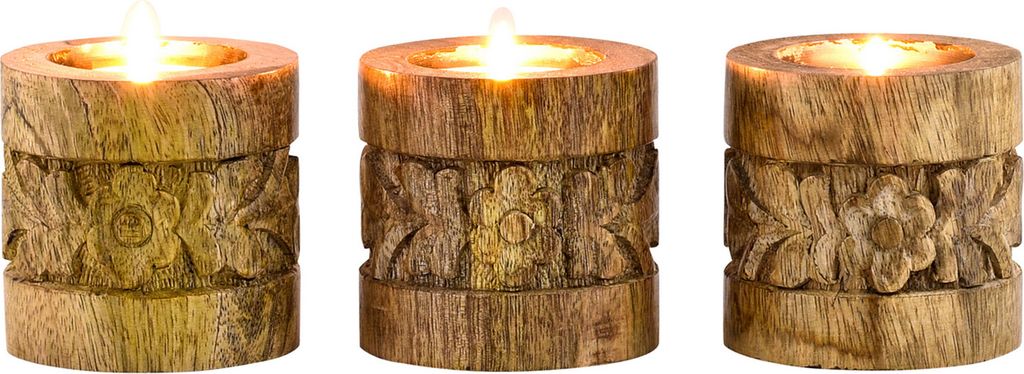 Marrakesch 3er Set Boho Deko Teelichthalter Kerzenständer aus Holz geschnitzt 7,5cm groß Luja | Vintage Orientalische Kerzenhalter als Wohnzimmer...