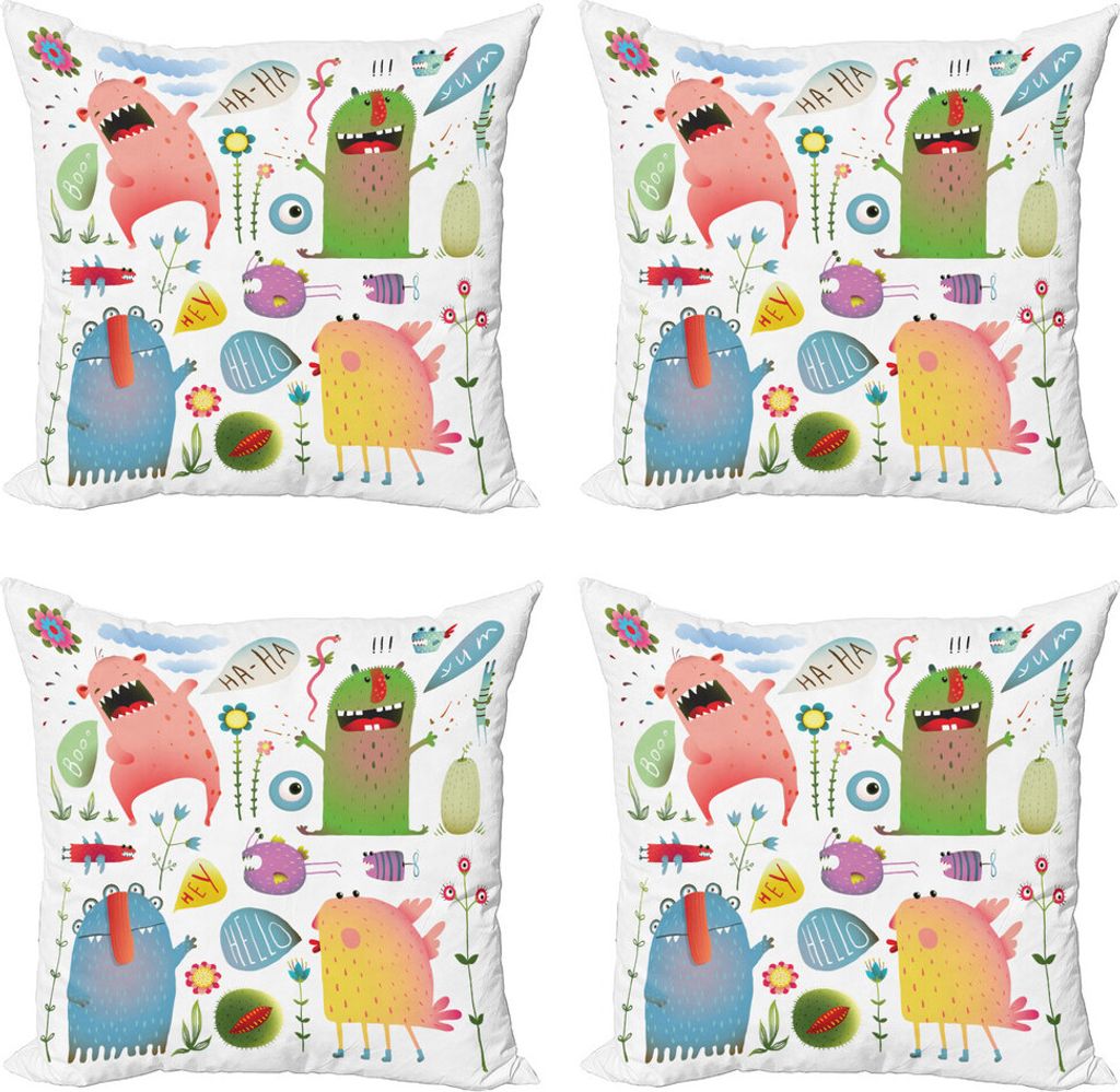 ABAKUHAUS Monster Kissenbezug Set (4 Stück), Alien Creatures, Moderner Doppelseitiger Digitaldruck, 45 cm x 45 cm, Mehrfarbig