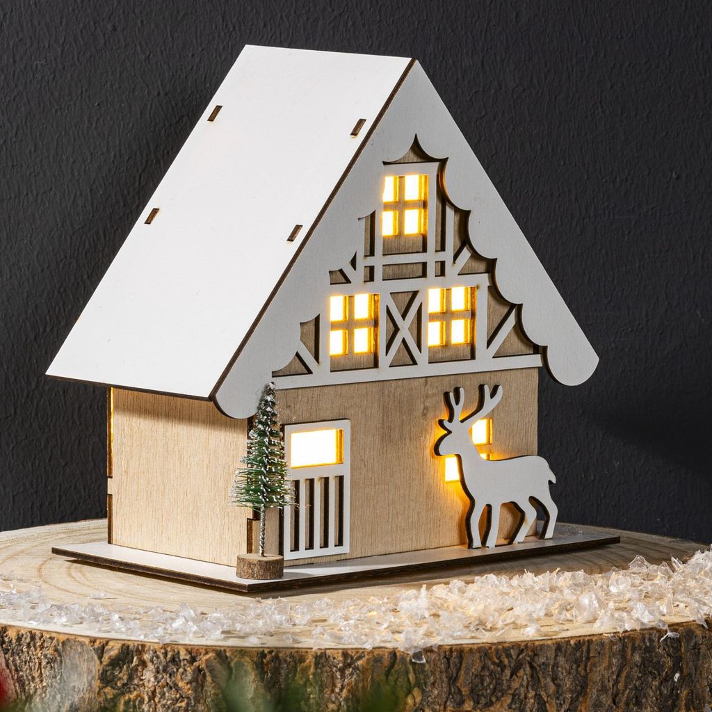Tischlicht Winterhütte aus Holz 3 warm weiße LEDs