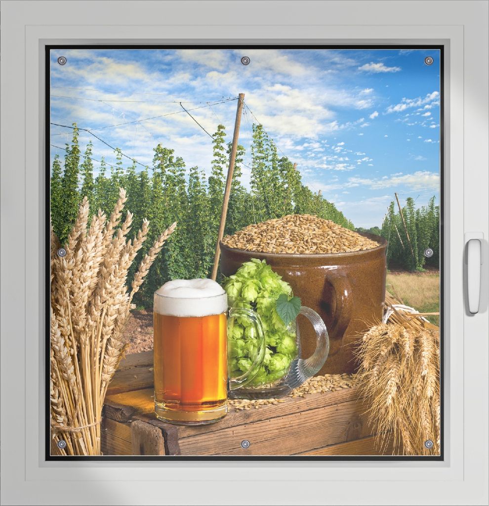 Wallario Lichtschutzbild, Dekorativer Sichtschutz Sonnenschutz 96 x 100 cm mit Motiv: Frisch gezapftes Bier, Hopfen und Malz - Verdunklung ohne Bohren