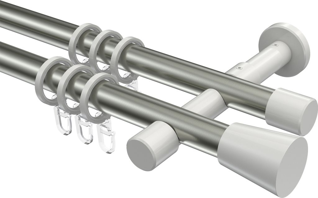 Interdeco Gardinenstange / Vorhangstange Edelstahl-Optik / Weiß, Typ Prestige Sitra (Konus), 20 mm Ø 2-läufig, 320 cm