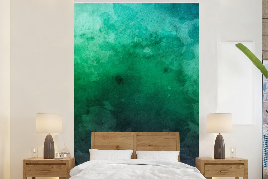 MuchoWow Fototapete für Wohnzimmer oder Schlafzimmer Wandtapete Vinyl Motivtapete Aquarell - Grün - Blau - 155x240 cm - Tapete