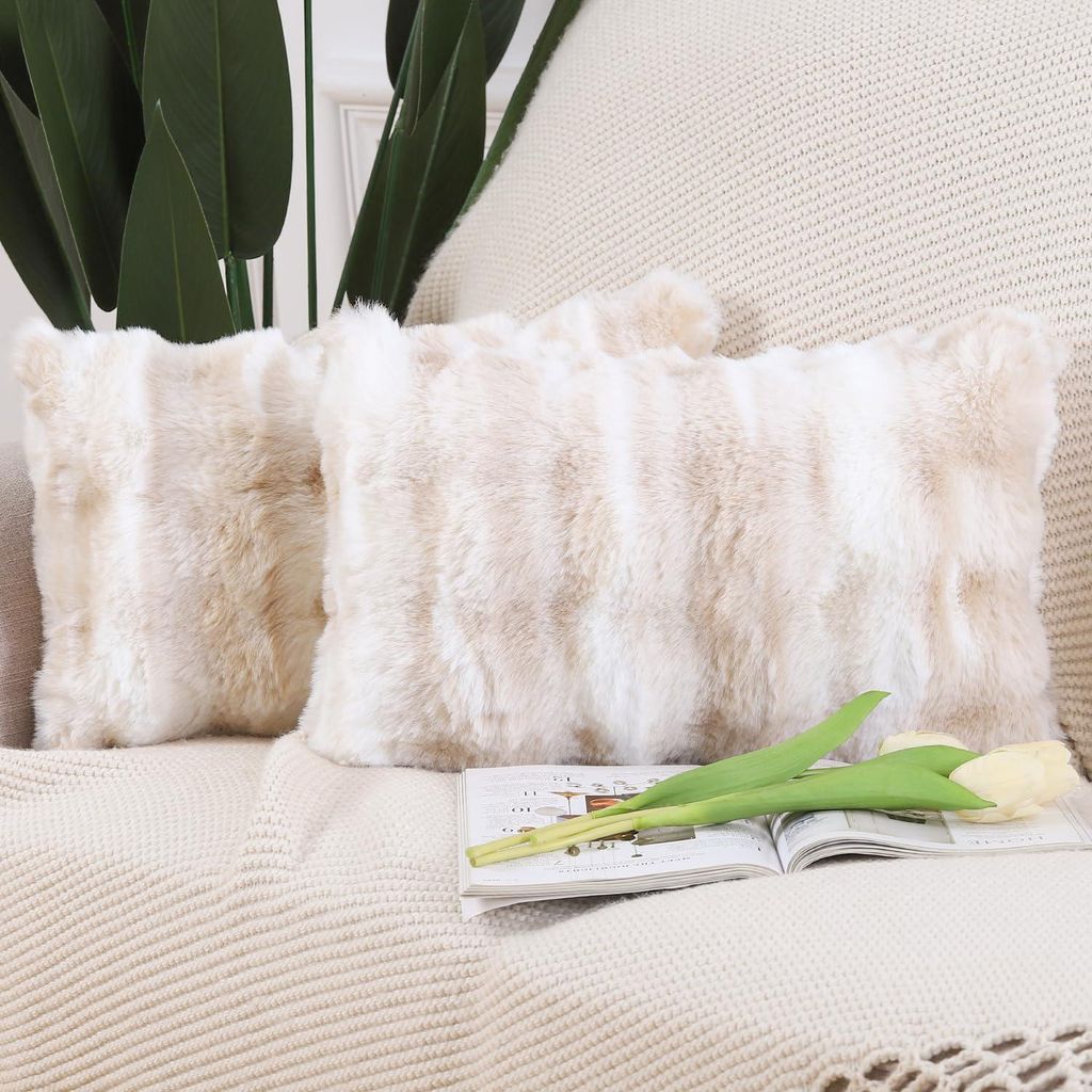 Set aus 2 weichen, flauschigen Dekokissenbezügen aus kurzem Wollsamt im n Stil für Sofa und Schlafzimmer, weiß/beige, 40 x 60 cm