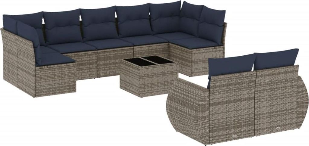 vidaXL 10-teiliges Gartensofa-Set mit Kissen, grau, Polyrattan
