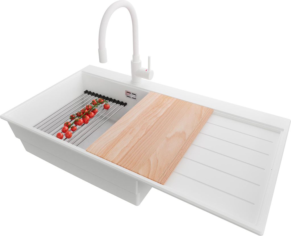 PRIMAGRAN Granitspüle Weiß 90x50cm, Spülbecken 1 Becken + Küchenarmatur 38x14cm + Ablauf-Set + Küchenzubehörset, Küchenspüle ab 60er Unters...