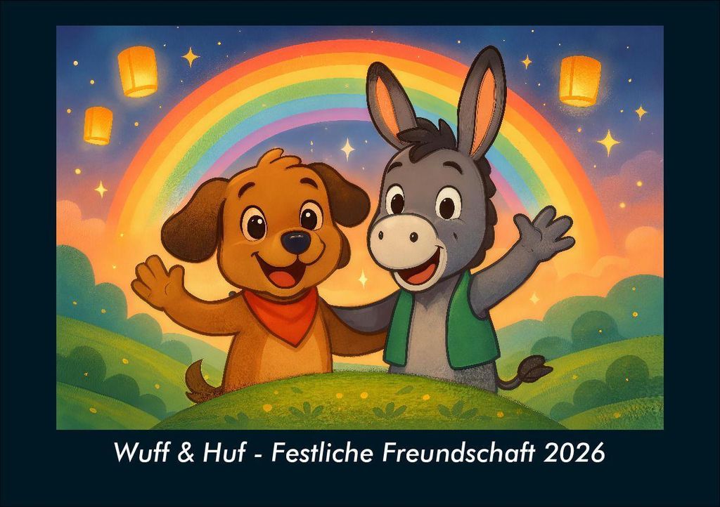 Wuff & Huf - Festliche Freundschaft 2026 Fotokalender - Querformat DIN A5, Monatskalender mit Kinder-Motiven von Tieren, Reisen, Freundschaft und A...