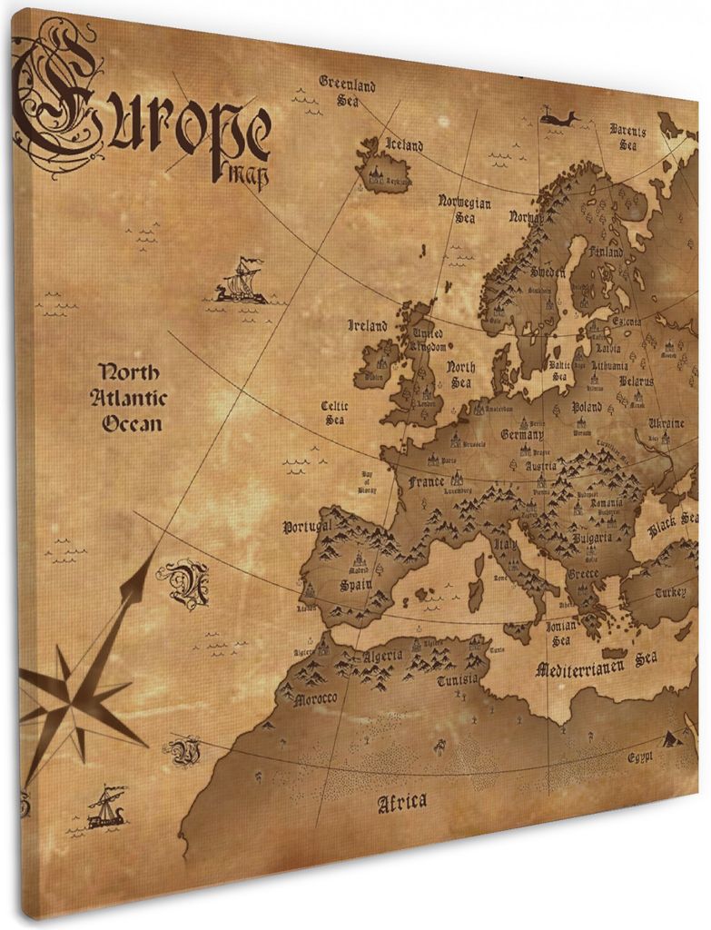 Wallario Premium Leinwandbild Alte Weltkarte Karte von Europa in englisch in Größe 50 x 50 cm