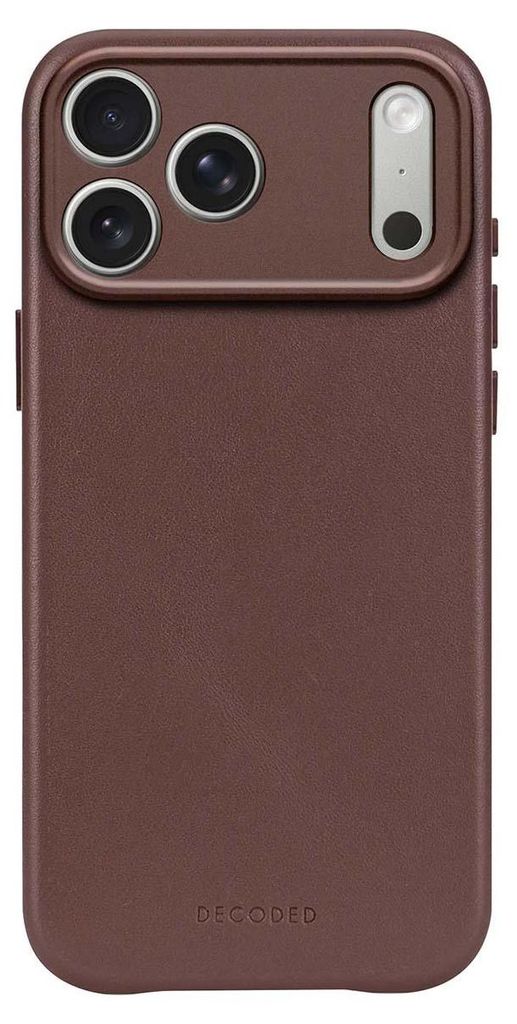 A brown iPhone case is shown from the back.