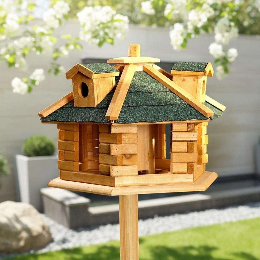 Vogelhaus Holz Vogelvilla mit Futtersilo & Bitumendach Produktbild 