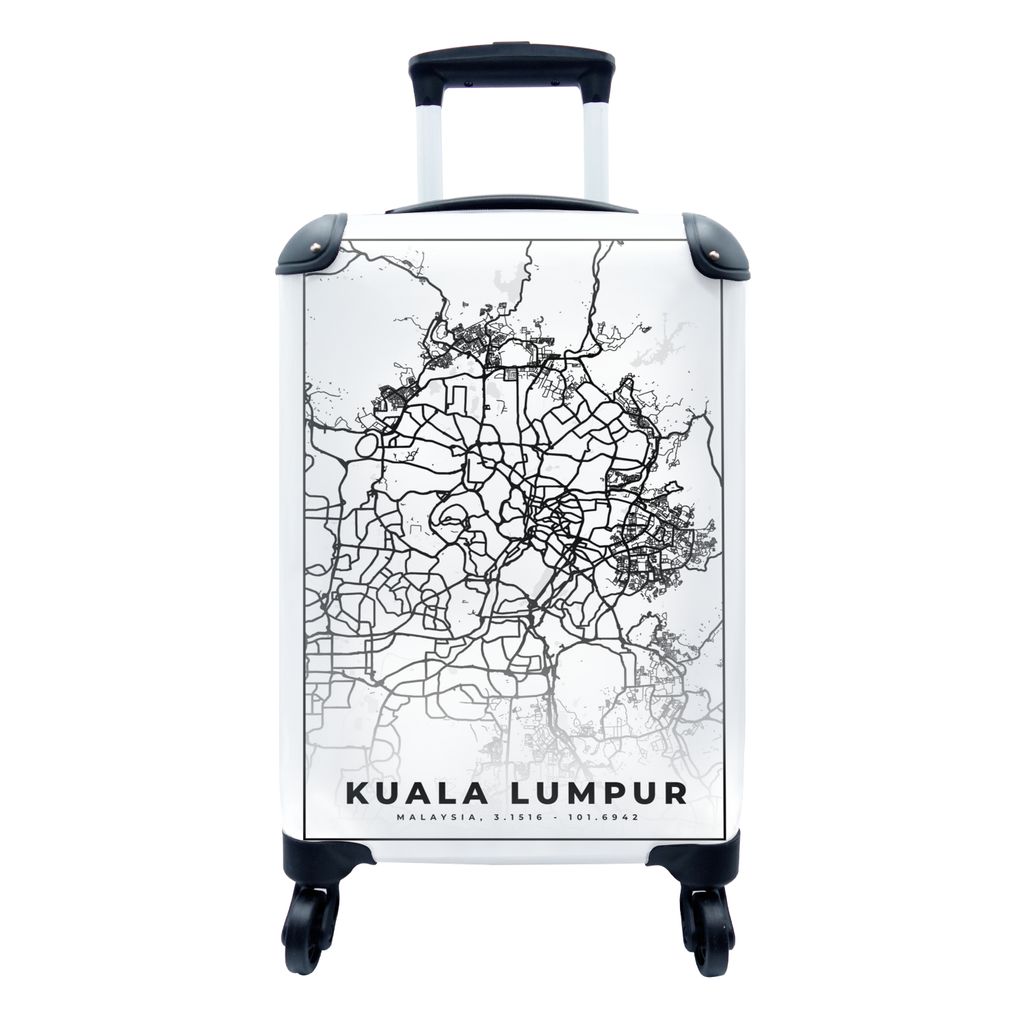 MuchoWow Koffer Handgepäck Trolley Rollkoffer Kleine Reisekoffer mit 4 Rollen - Kuala Lumpur - Karte - Stadtplan - Schwarz und weiß - Cabin Siz...