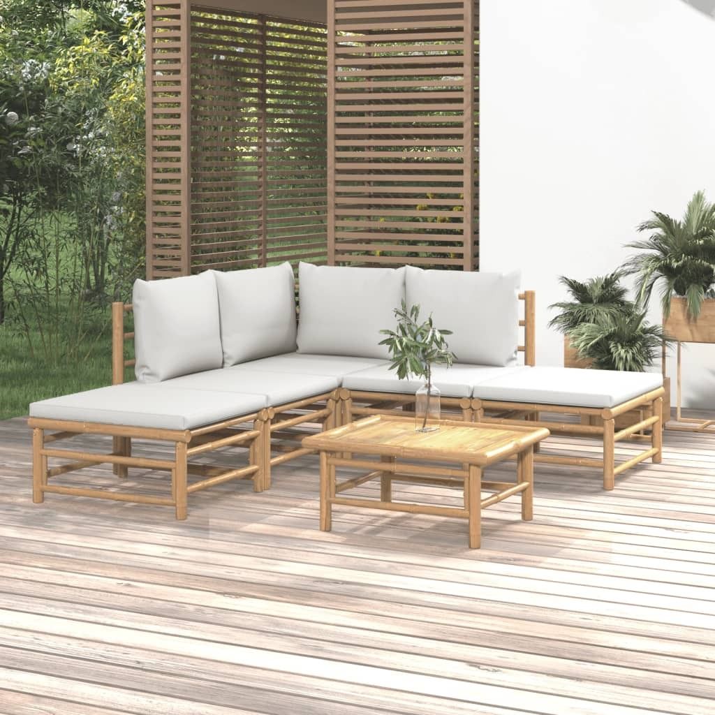 "Rabatt" 6-tlg. Garten-Lounge-Set - Wetterfestes Sitzgruppe - für 5 Personen - mit Hellgrauen Kissen Bambus - Lounge-Dining set CC7564