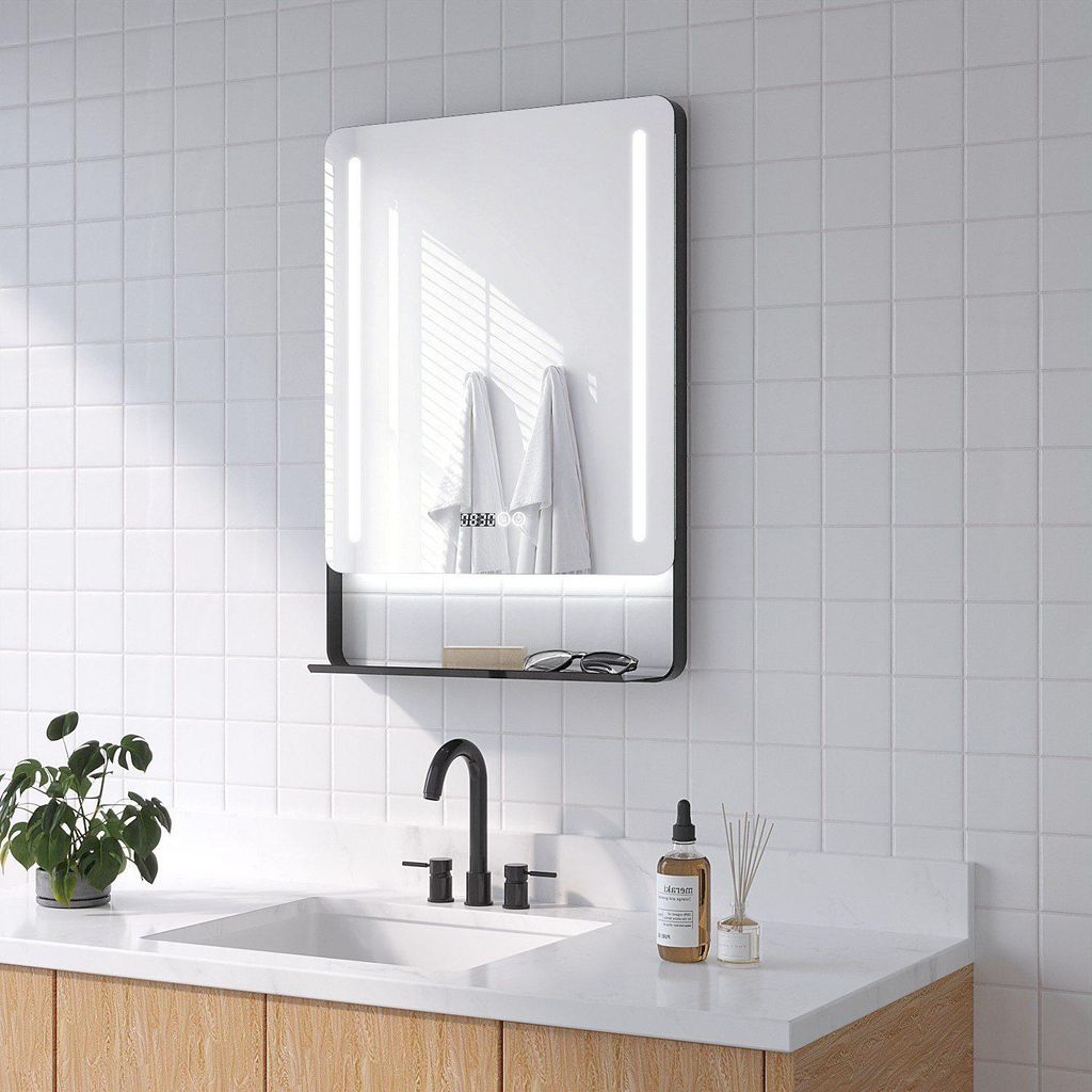 LED Spiegel mit Ablage Badezimmerspiegel mit Beleuchtung Antibeschlag 3 Farbtemperaturen Dimmbar Badspiegel Digitaluhr Lichtspiegel 50 x 70 cm