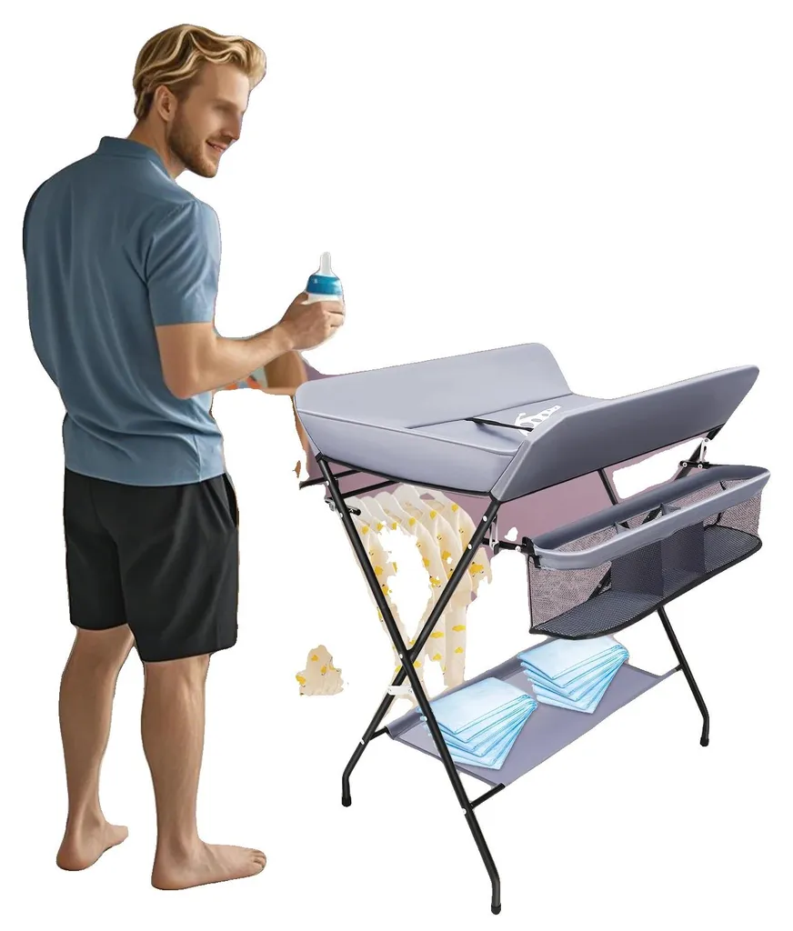 Table à langer argent ergonomique, structure pliable et robuste 15kg