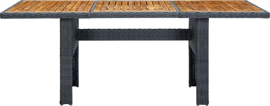 A rectangular outdoor dining table with a wooden slatted top and dark gray rattan-like base, shown from the front on a white background.