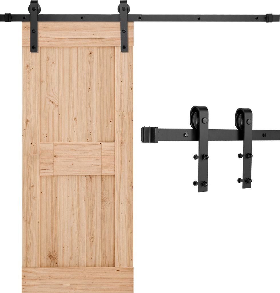 A wooden barn door and its black metal sliding hardware are displayed against a white background.