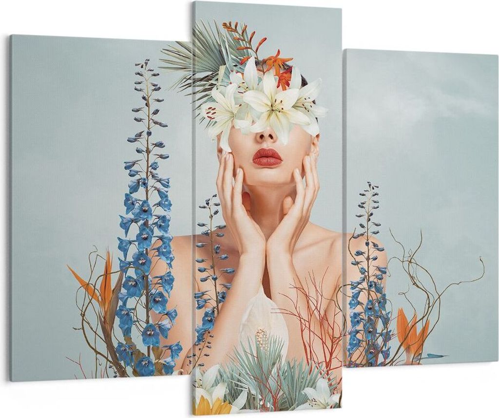 Bild auf Leinwand - Leinwandbild - 3 Teile - Surreal Frau Blumen - 130x100cm - Wand Bild - Wanddeko - Wandbilder - Leinwanddruck - Bilder - Wanddek...