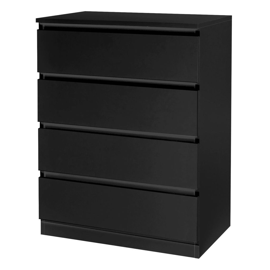 A black four-drawer chest of drawers.