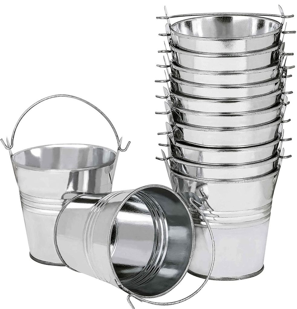 12 Mini-Metall-Hängeblumentöpfe, 6 cm große Hängeblumentöpfe/Eimer mit abnehmbarem Griff für Balkon, Zaun, Garten, Heimdekoration (silber)