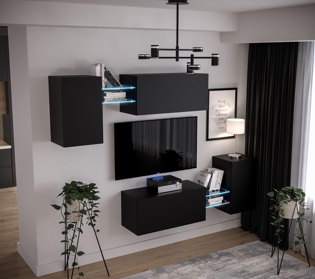 Furnitech Wohnwand Wohnzimmer | Wohnzimmer Möbel mit LED Weiß | Hängend Wohnwand Modern | Wohnzimmer Schrankwand mit Regale und TV Schrank (AN97...
