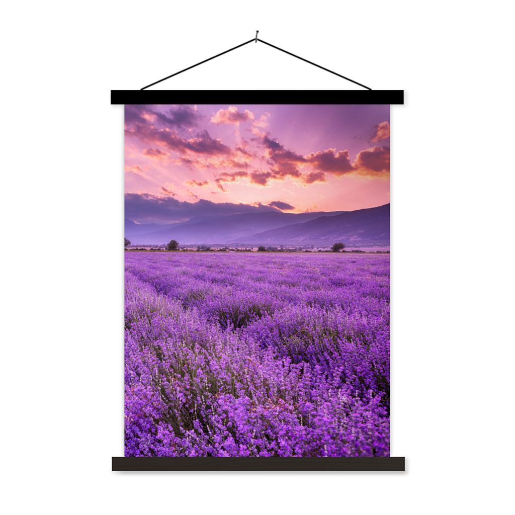 MuchoWow Textilposter Lavendel - Lila - Blumen - Feld 120x160 cm mit schwarzem Rahmen - Magnetischer
