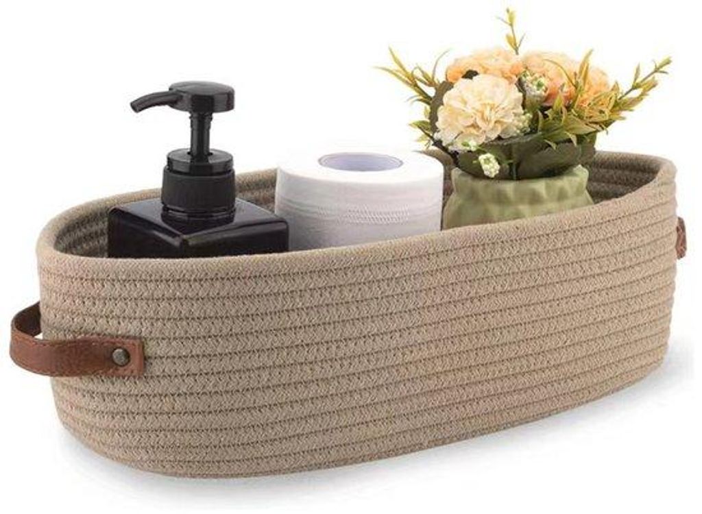 Korb aus geflochtenem Baumwollseil, Toilettenpapierhalter, Aufbewahrungsbox mit Griff, 33 cm x 15 cm x 10 cm, Kaki.