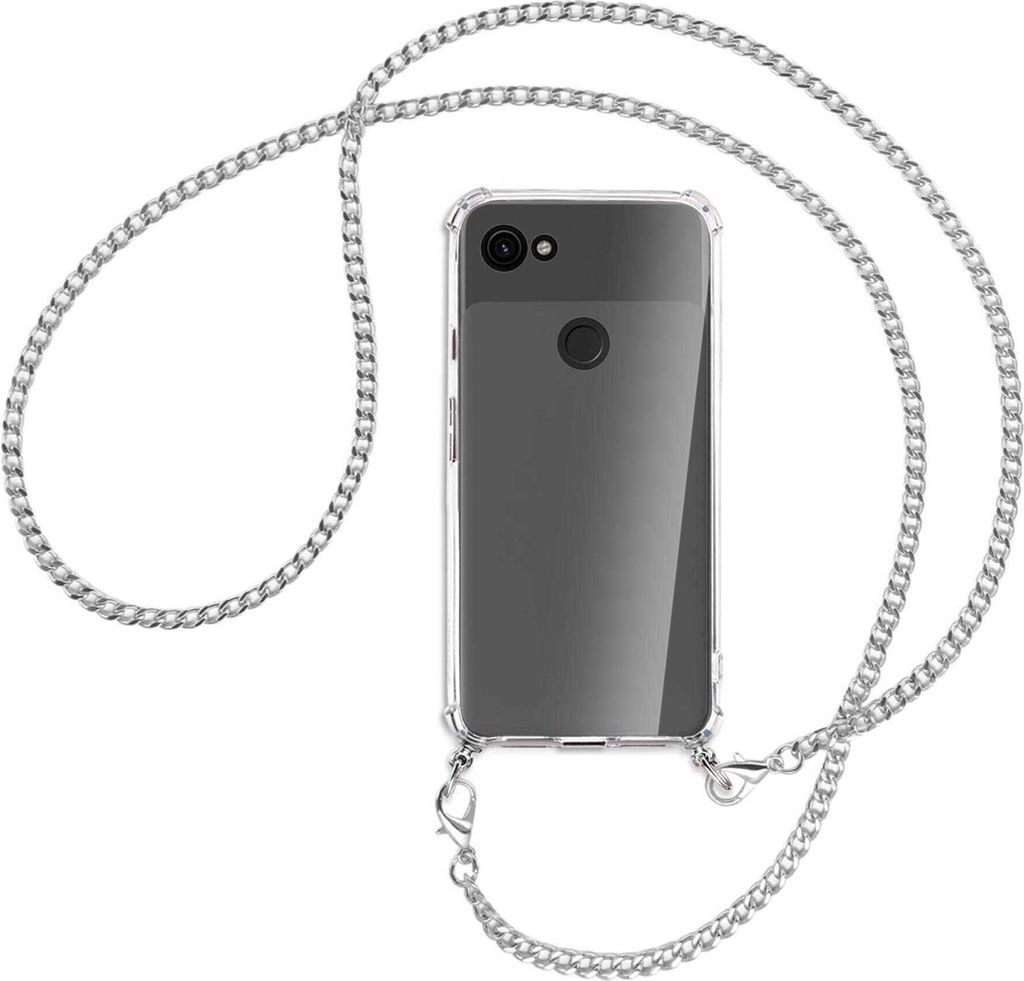 Handykette Backcover-Schutzhülle mit Band (Metall silberfarben) für Google Pixel 3a XL - silberfarbene Kette