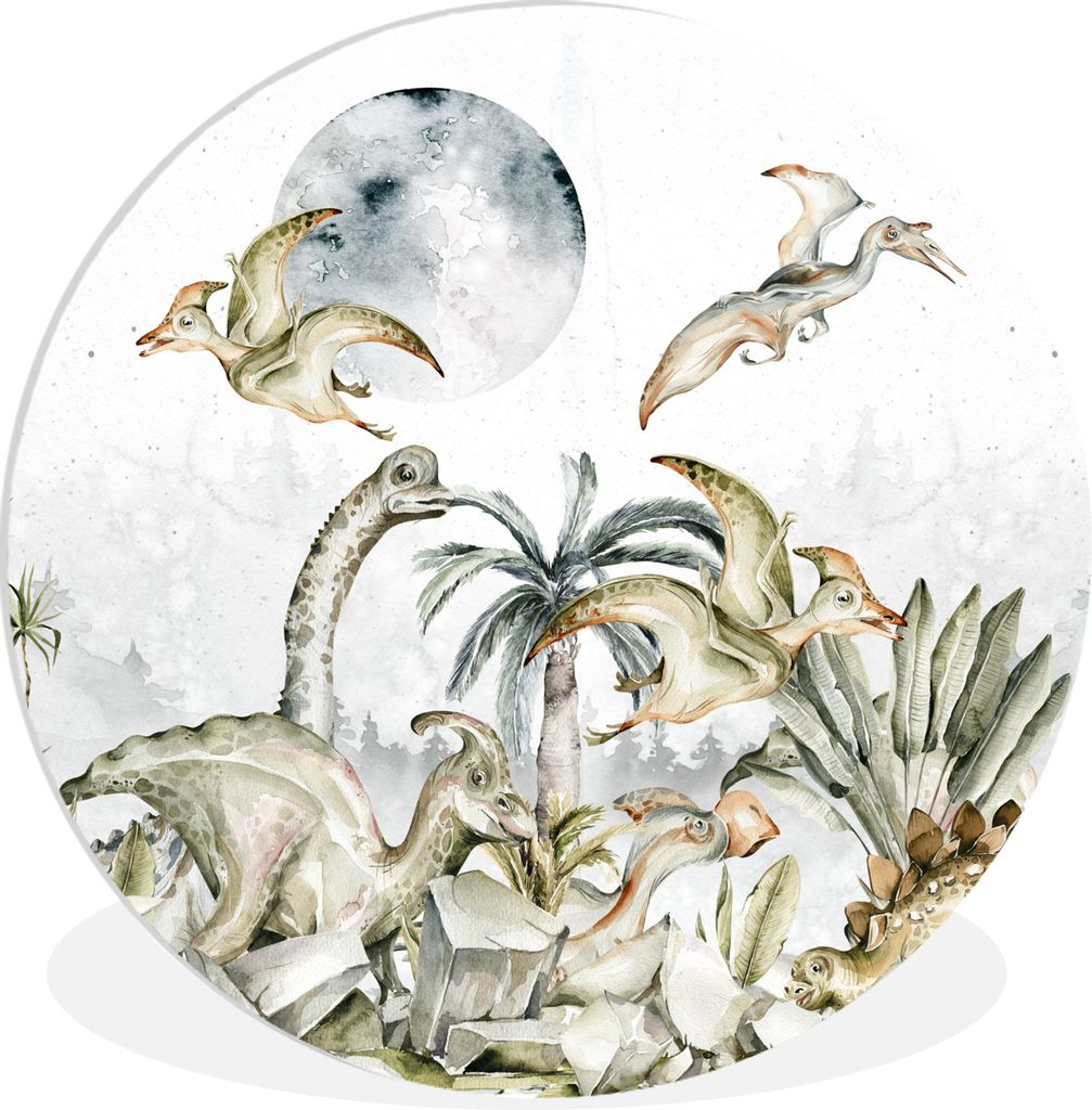 MuchoWow Rundes Wandbild - Runde Bilder Dinosaurier - Kinder - Dschungel - Grün - Tiere - Natur Ø 90 cm Kreis Wanddekoration Kunststoff - Wandk...