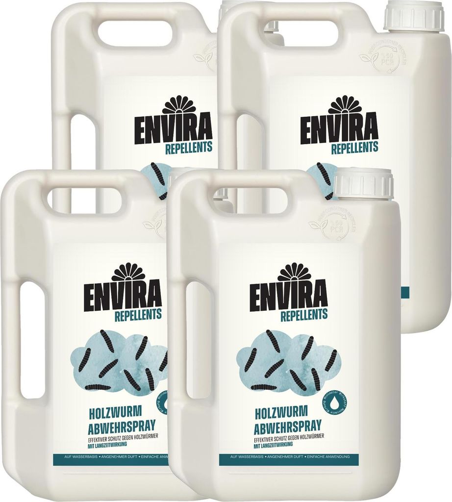 Envira Holzwurm Abwehrspray 4 x 2L - Spray mit Langzeitwirkung gegen Holzbock & Holzwurm