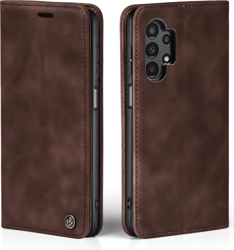 A brown leather flip case for a smartphone is shown from two angles.