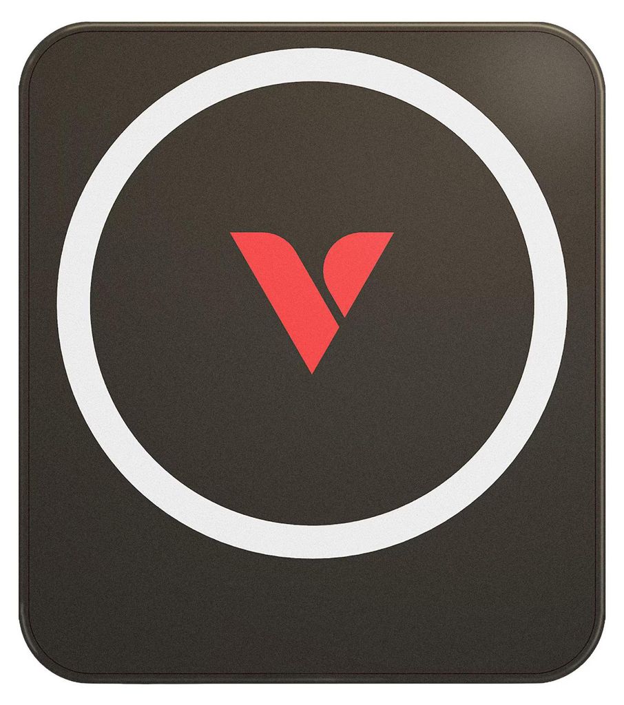 A square product shot with rounded corners, featuring a dark background and a white circle with a red 'V' logo in the center.