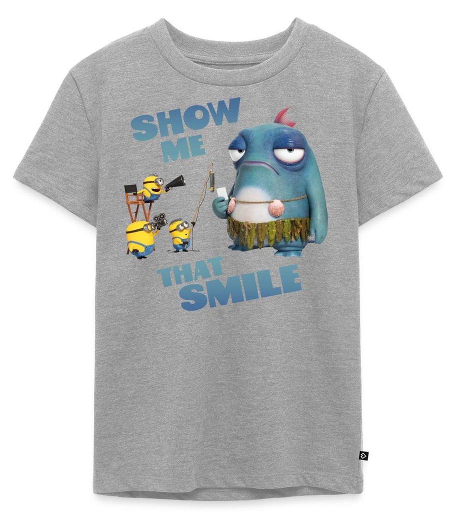 Spreadshirt Minions Spruch Show Me That Smile Phillip Kinder Premium T-Shirt, 98/104 (2 Jahre), Grau meliert