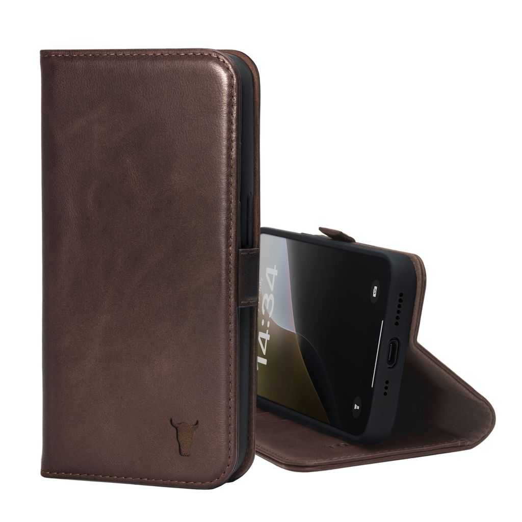 A brown leather iPhone case is shown open, with the phone inside.