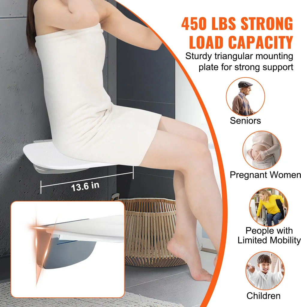 VEVOR Siège de Douche Pliable en Urée-Formol Mural - Supporte 204 kg - 3