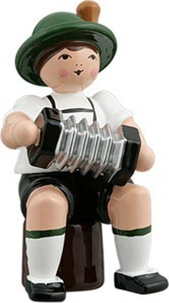 Holzfigur Musikanten mit Hut und Konzertina sitzend Höhe 7cm NEU