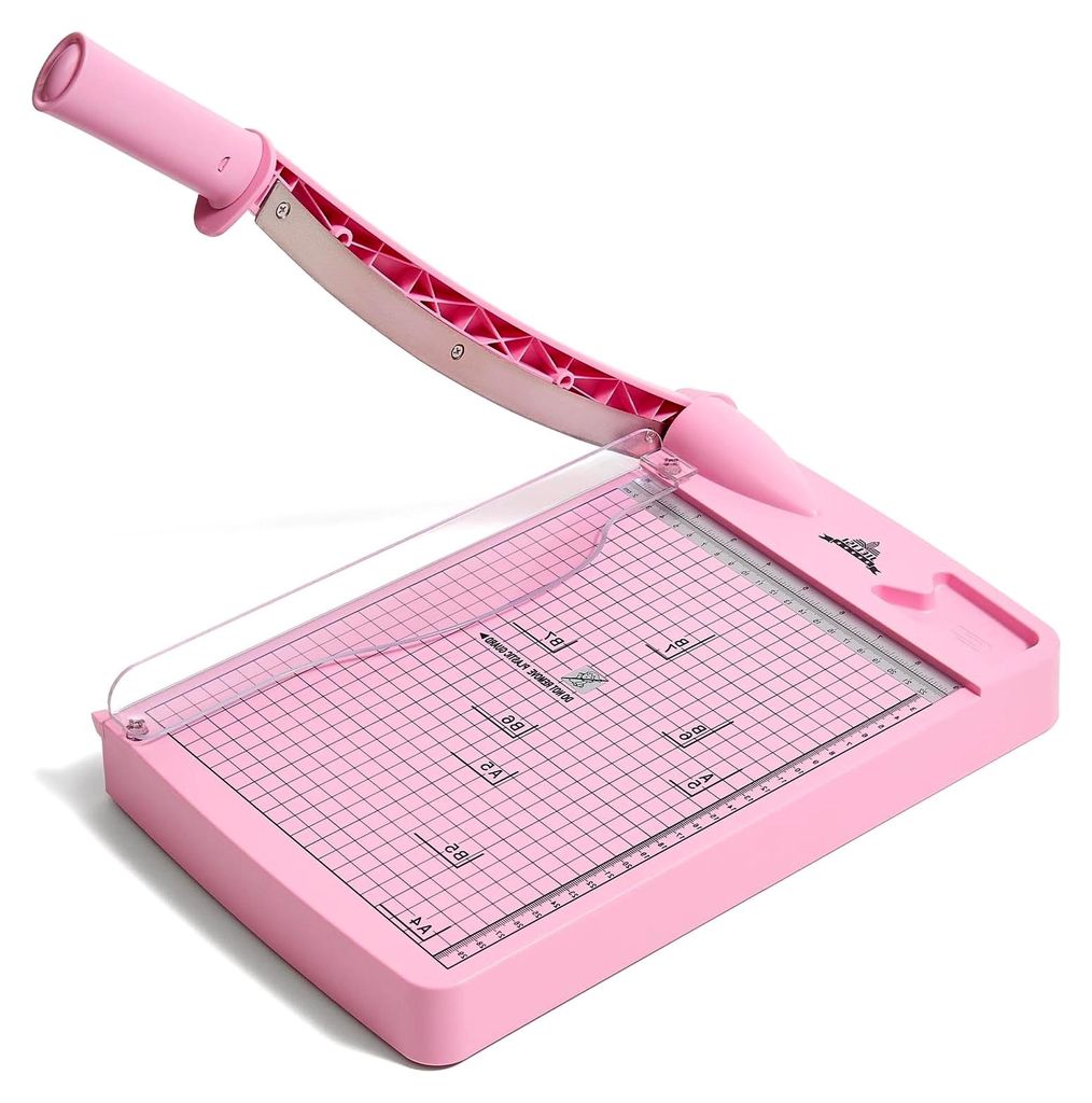Papierschneider (Bis 80g A4, 12 Blatt Schneidleistung) Manuelle Schneidemaschine, Hebelschneider für Papier und Fotos, hohe Präzision (Rosa)