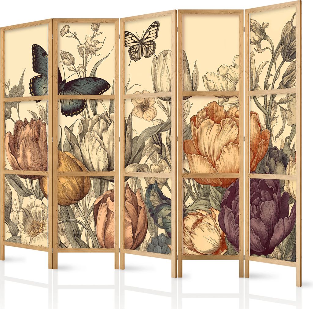 5-teiliger Einseitiger Vlies Japanischer Paravent - Tulips in Cream - Illustration of Flowers and Butterflies on a Light Background 225x172 cm Blum...