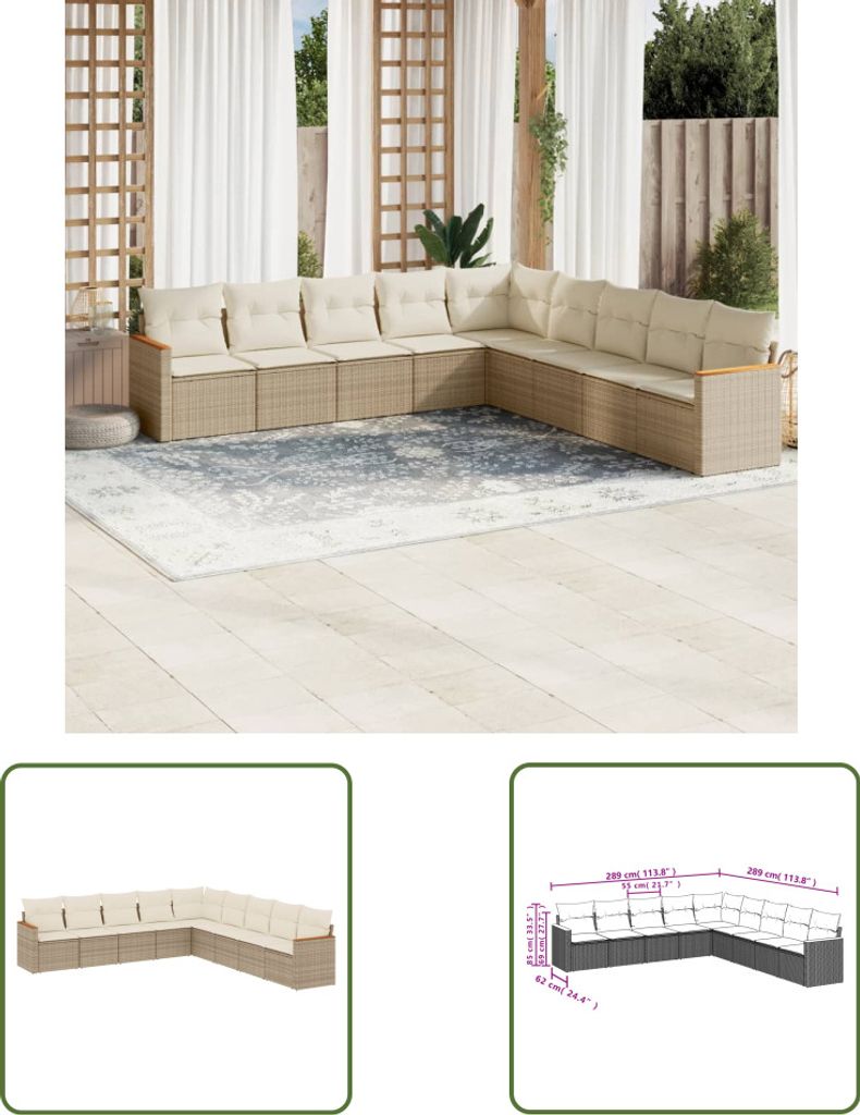 The Living Store 9-tlg. Garten-Sofagarnitur mit Kissen Beige Poly Rattan