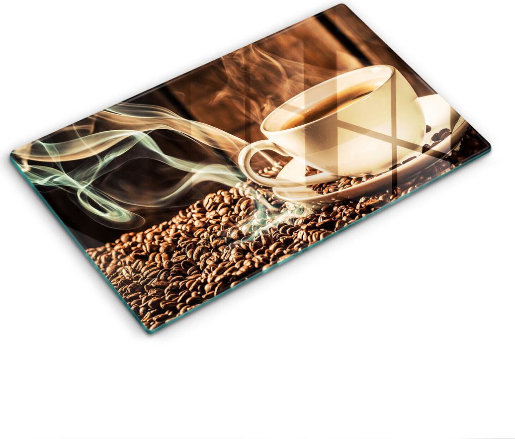 Glasschneideplatte - Herdabdeckplatte - 52x30 cm - Schneidebrett - Spritzschutz - Tasse und Kaffeebohnen