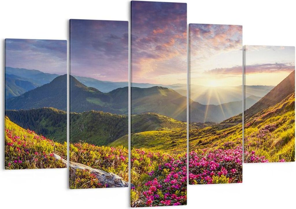 Bild auf Leinwand - Leinwandbild - Gebirge Wiese Landschaft Wald - 150x100cm - Wand Bild - Wanddeko - Leinwanddruck - Bilder - Kunstdruck - Leinwan...