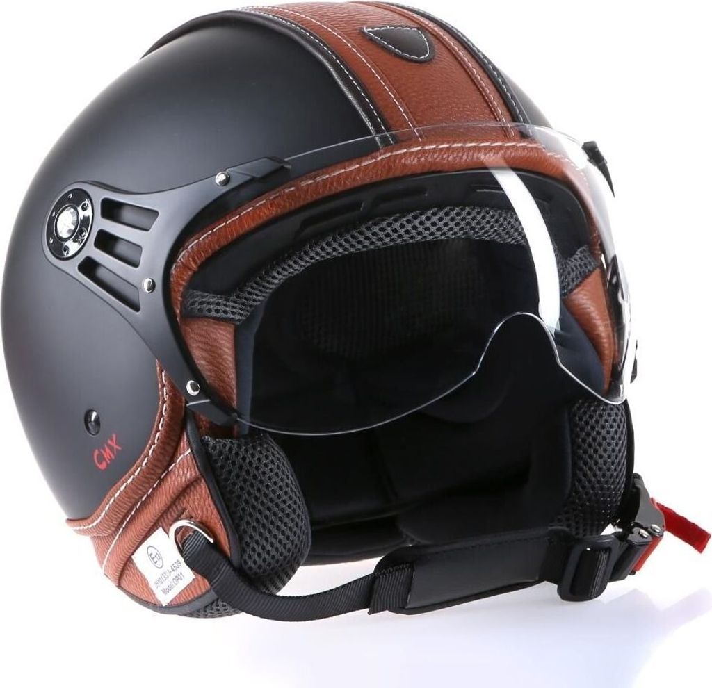 CMX Jethelm - Rollerhelm Hazel Schwarz matt + Leder braun  Produktbild 