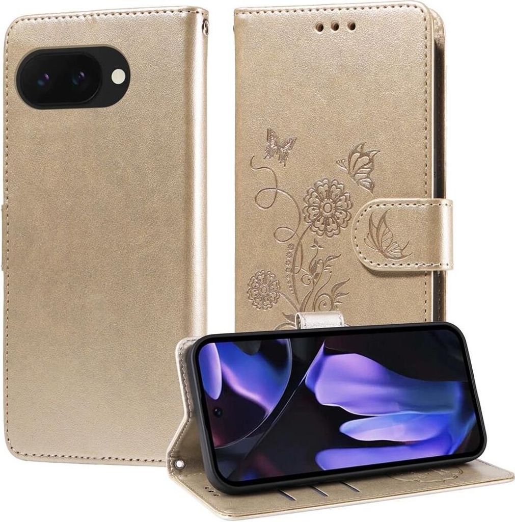 Mobigear Flowers Google Pixel 9a Hülle Klapphülle Geldbörse - Gold