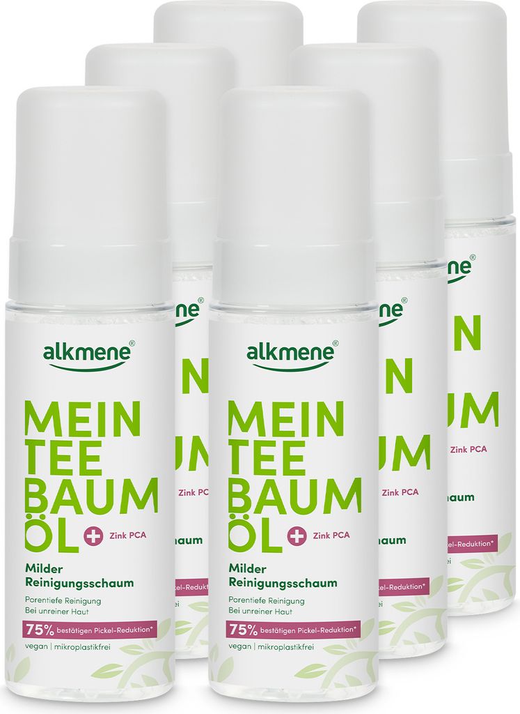 alkmene Mein Teebaumöl Reinigungsschaum Gesicht 6x 150 ml Pickel Reduktion 75% bestätigt - naturreines Teebaumöl & vegan
