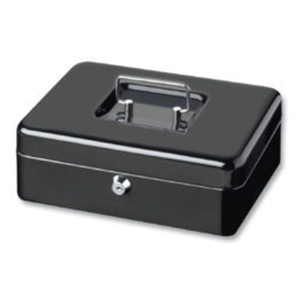 A black metal cash box with a handle and lock is shown on a white background.