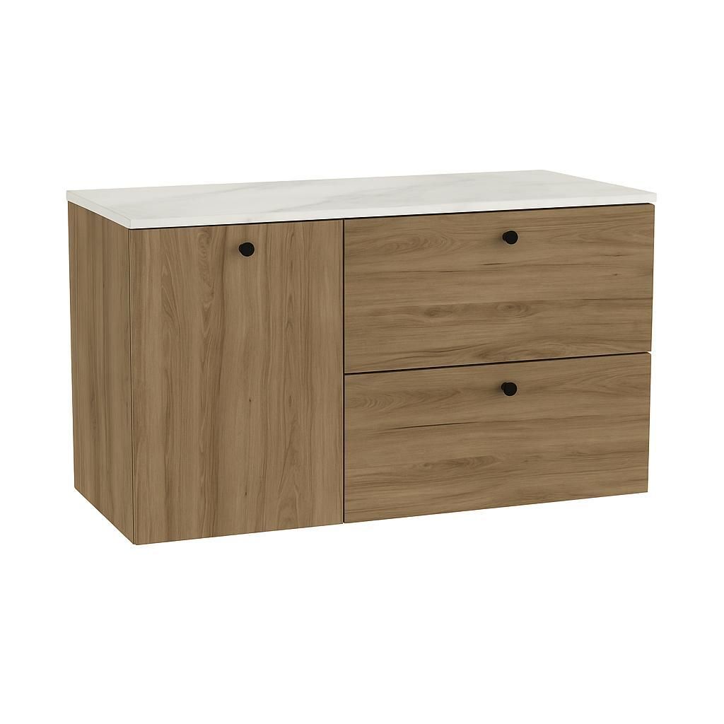 WENA Waschtischunterschrank 100 cm mit Wäschekorb, glatte Fronten, Griffe aus Metall in der Farbe Schwarz (Farbe: Walnuss Dunkel/Marmur Bianco)