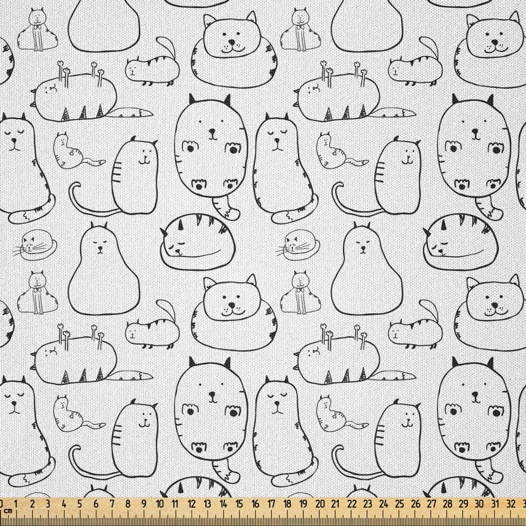 ABAKUHAUS Katze Microfaser Stoff als Meterware , Faule pelzige katzenartige Gekritzel, die dumme spielerische Haustier-Bart-Skizzen-Kunst-Monochrom...