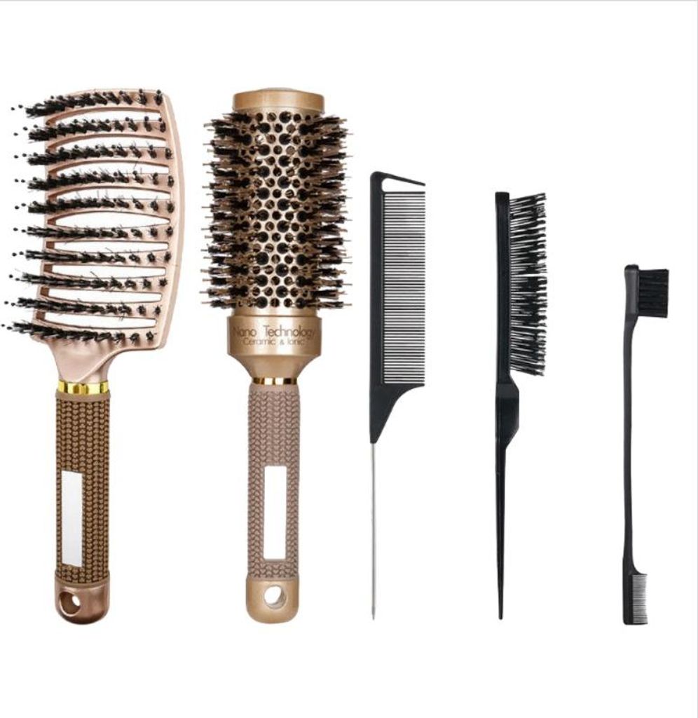 INF 5-teiliges Wildschweinborsten-Haarbürsten-Set - Rundbürste & Stylingkämme