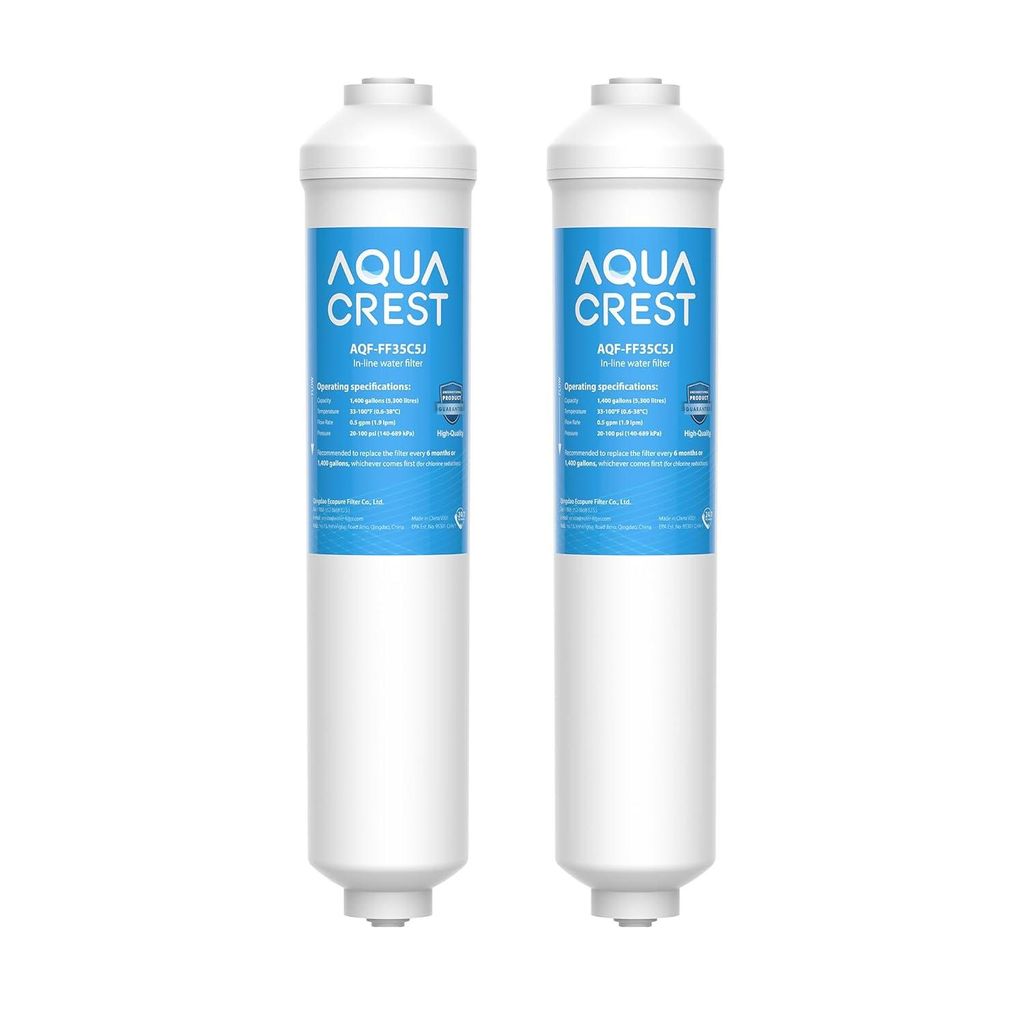 Two white in-line water filters with blue labels are shown side-by-side against a white background.
